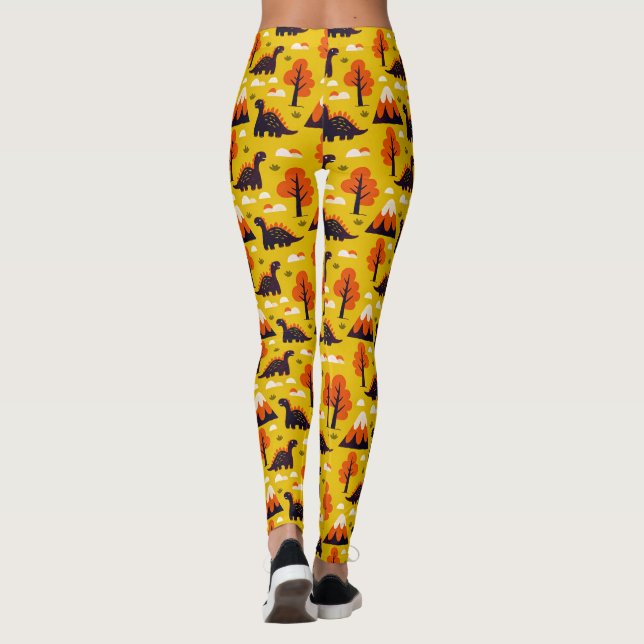 Dinosaur and Monutains in Mustard Background Leggings (Back)