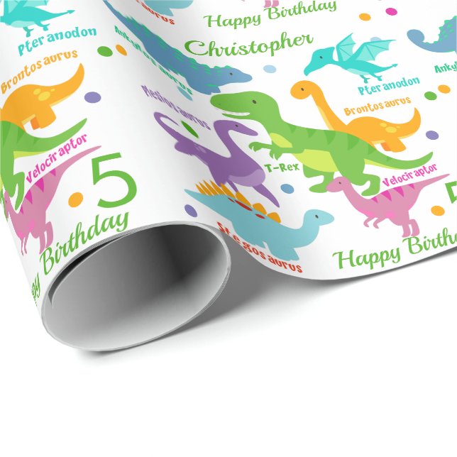 Dinosaur And Names Kids Birthday  Wrapping Paper (Roll Corner)