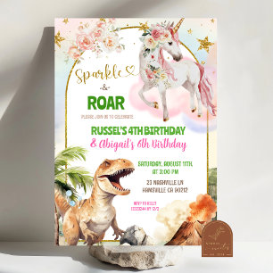 Dinosaur and Rainbow Pastel Unicorn Joint Birthday Invitation