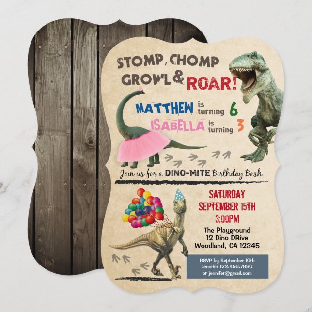 Dinosaur and tutu birthday invitation (Front/Back)