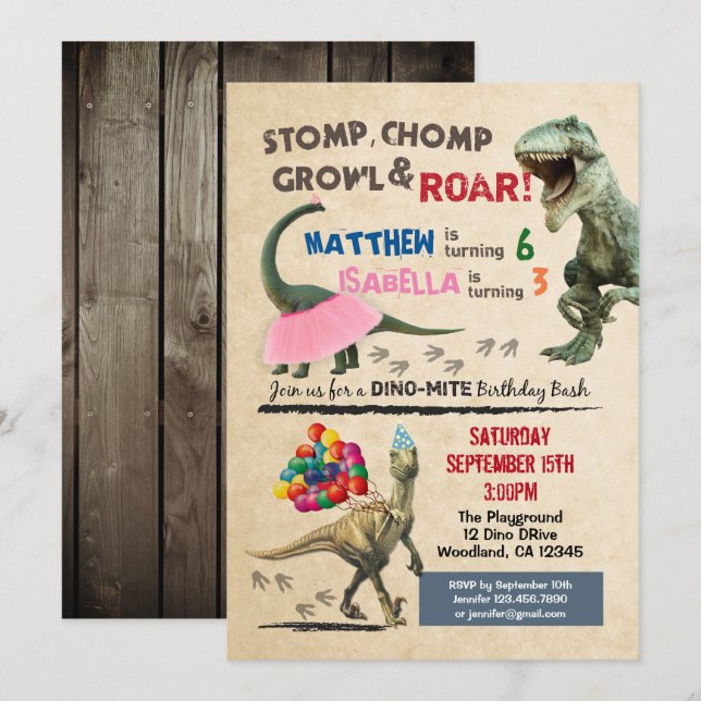 Dinosaur and tutu birthday invitation (Front/Back)