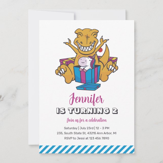 Dinosaur and Unicorn Girls Birthday Invitation (Front)