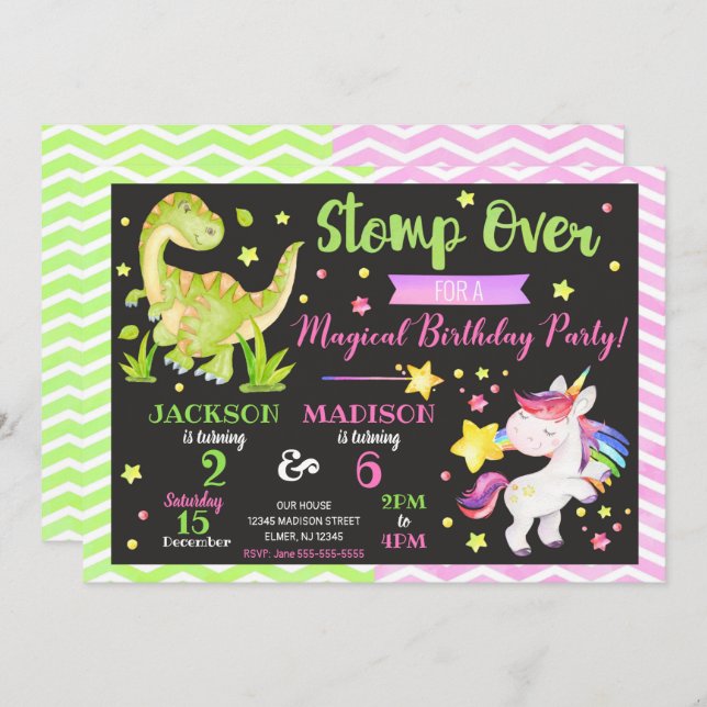 Dinosaur and Unicorn Joint Birthday Invitation (Front/Back)