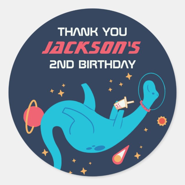 Dinosaur Astronaut Outer Space Kids Birthday Party Classic Round Sticker (Front)