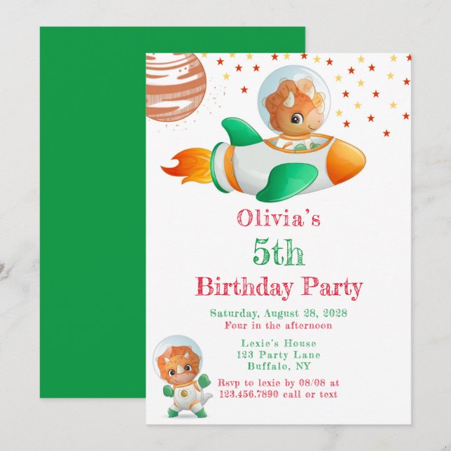 Dinosaur Astronaut Rocketship Girl Birthday Party Invitation (Front/Back)