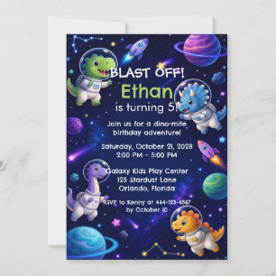 Dinosaur Astronaut Space 5th Birthday Invitation