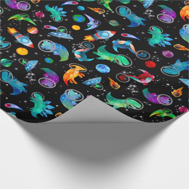 Dinosaur Astronauts Watercolor Space Dino Birthday Wrapping Paper (Corner)