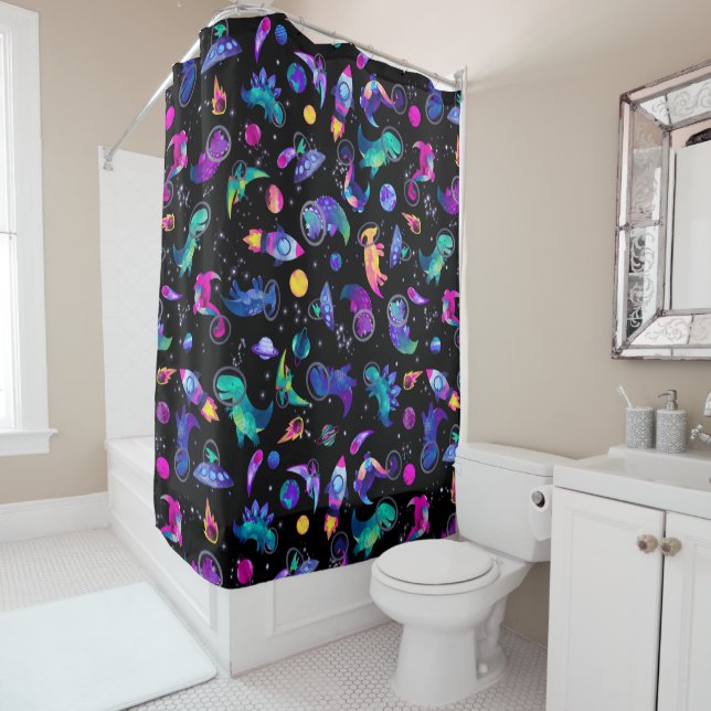 Dinosaur Astronauts Watercolor Space Kids Dino Shower Curtain (In Situ)