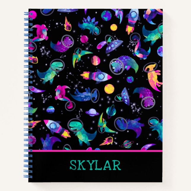Dinosaur Astronauts Watercolor Space Personalised Notebook (Front)