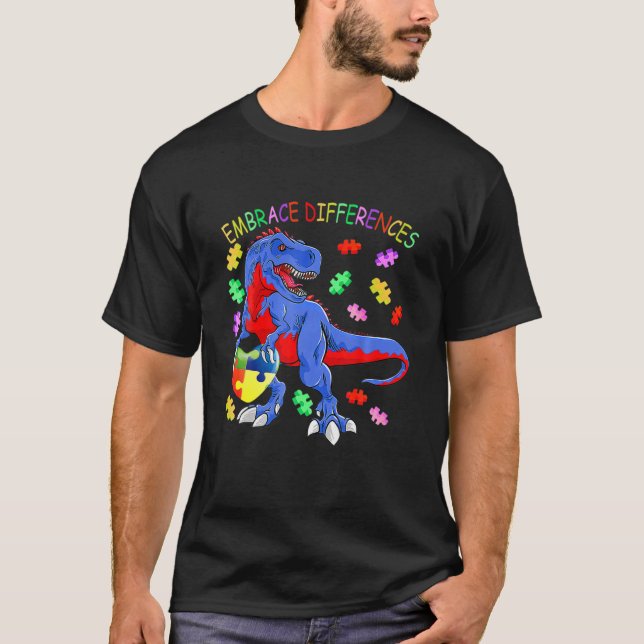 Dinosaur Autism Awareness Embrace Differences Puzz T-Shirt (Front)