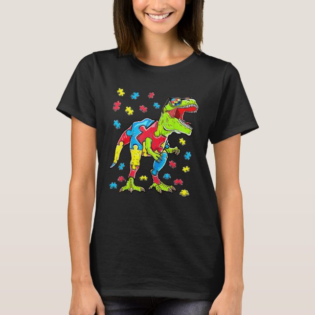 Dinosaur Autism Awareness Puzzle Piece Boys Kids T T-Shirt (Front)