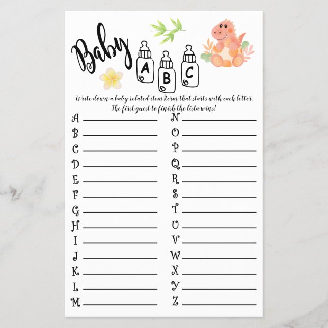 DINOSAUR BABY ABC BABY SHOWER GAME CARD (Front)