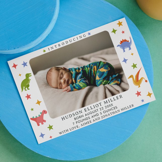 Dinosaur Baby Boy Photo Birth Announcement Card (Dinosaur birth announcement card)