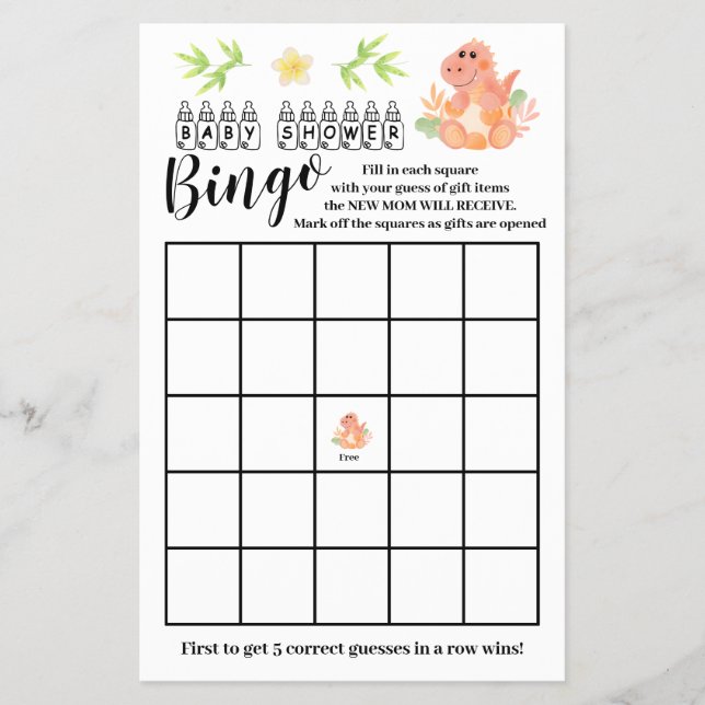 Dinosaur Baby Shower Bingo Game Card (Front)