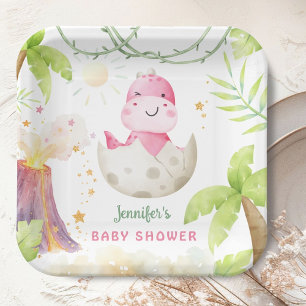Dinosaur Baby Shower Cute Dino Girl Paper Plate