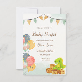 Dinosaur Baby Shower Invitation | Green & Yellow 