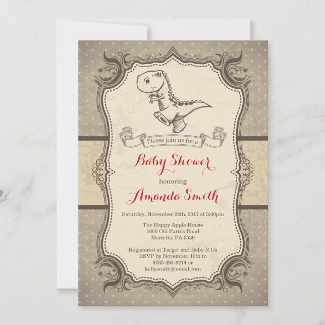 Dinosaur Baby Shower Invitation Vintage Retro (Front)