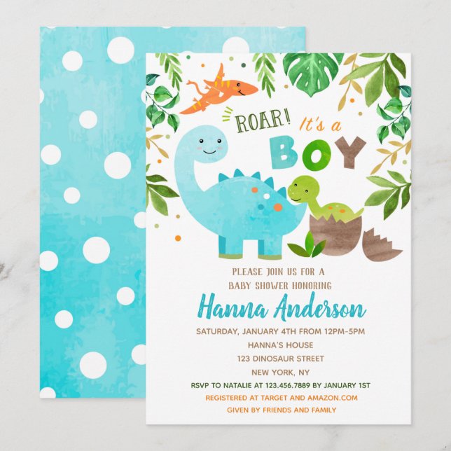 Dinosaur Baby Shower Invitations Baby Boy Dino  (Front/Back)