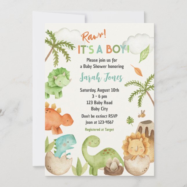 Dinosaur Baby Shower Invitations Its A Boy Cute (Front)