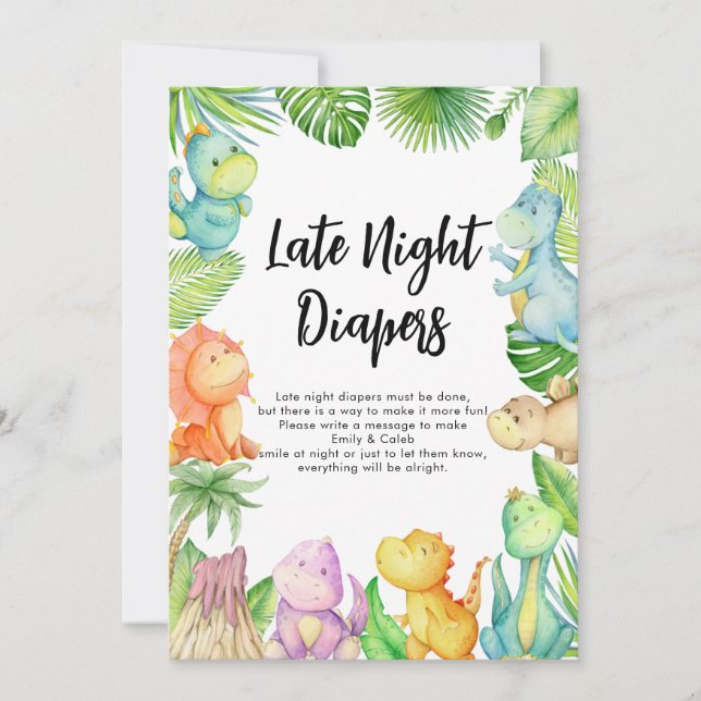Dinosaur Baby Shower Late Night Diapers Card (Front)