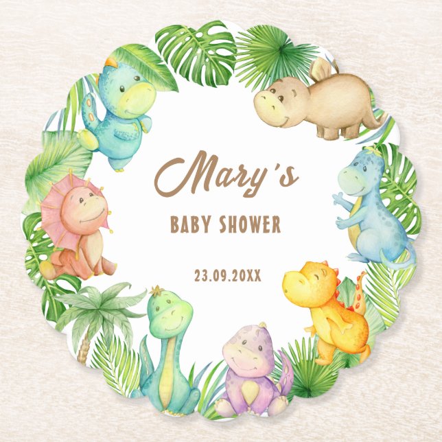 Dinosaur Baby Shower Paper Coaster (Front)