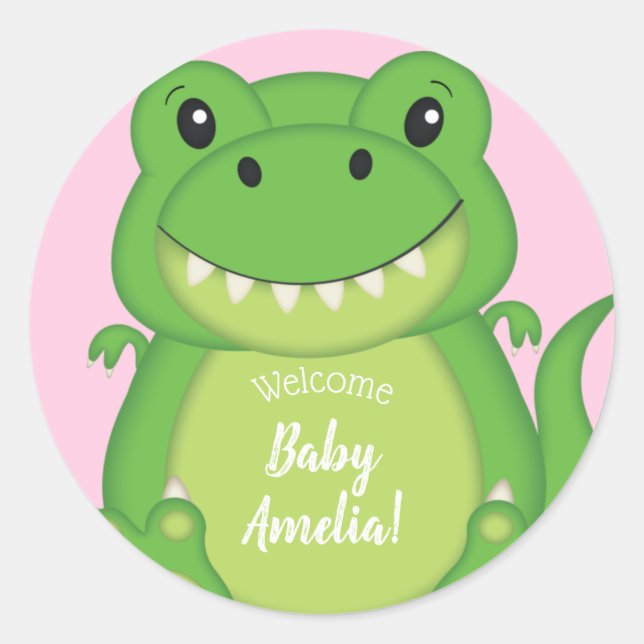 Dinosaur Baby Shower T-Rex Pink Girl Classic Round Sticker (Front)