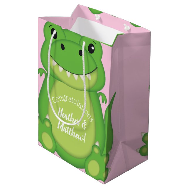 Dinosaur Baby Shower T-Rex Pink Girl Medium Gift Bag (Back Angled)