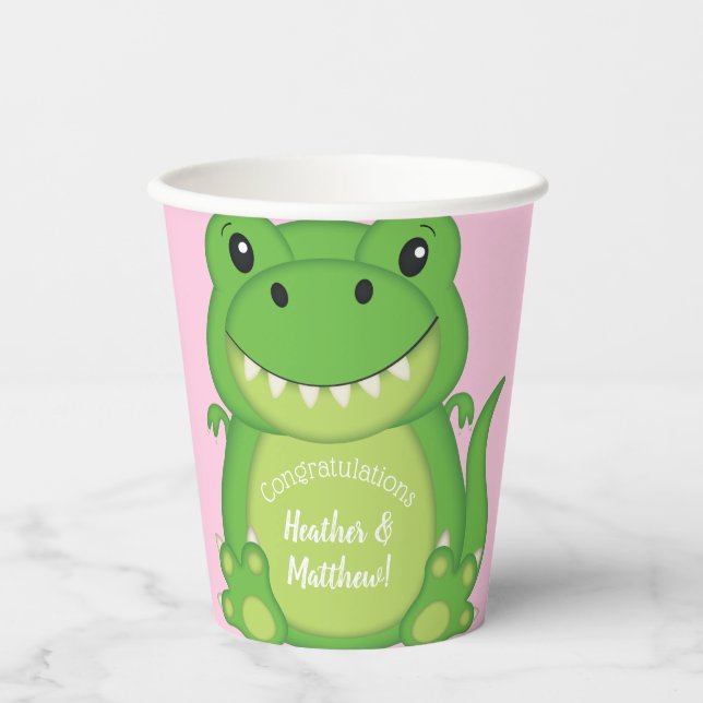 Dinosaur Baby Shower T-Rex Pink Girl Paper Cups (Front)
