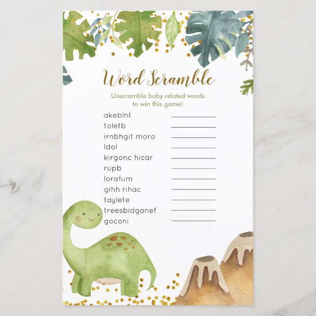 Dinosaur Baby Shower Word Scramble Game (Front)