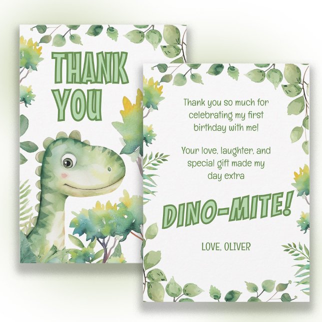 Dinosaur Baby's 1st Birthday Dino-Mite Thank You Card (Cute dinosaur 1st birthday party "Thank you" card. )