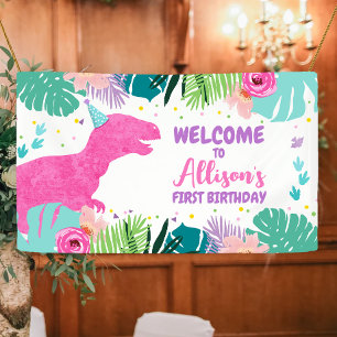 Dinosaur Backdrop T-Rex Pink Dino Girl Birthday Banner