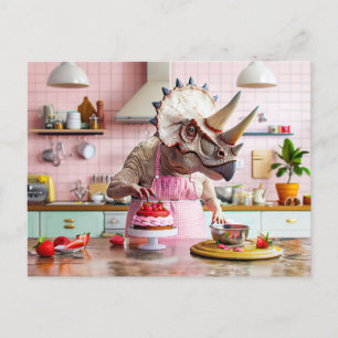 Dinosaur Baking Cake in Retro Kitchen Holiday Postcard