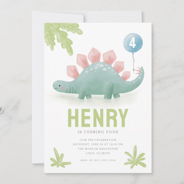 Dinosaur Balloon Kid's Birthday Invitation (Front)