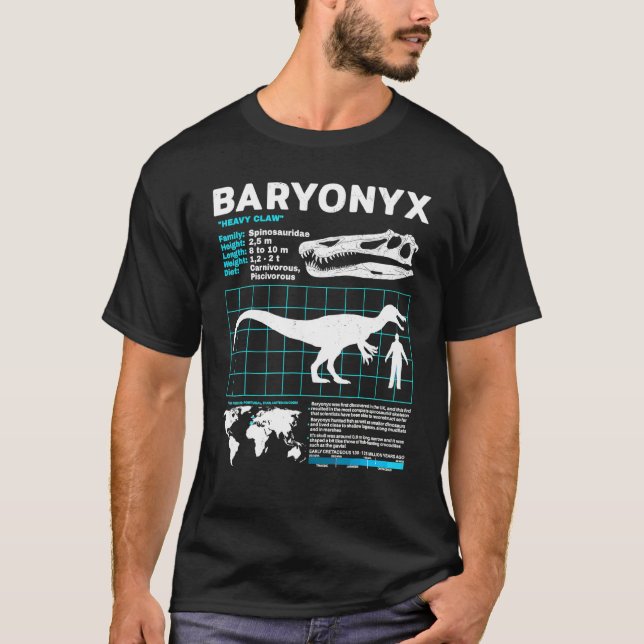 Dinosaur Baryonyx Fact Sheet Fossils Data T-Shirt (Front)