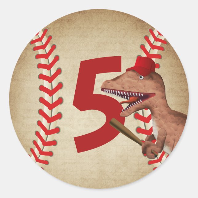Dinosaur Baseball Boys 5th Birthday Party Classic Round Sticker (Front)