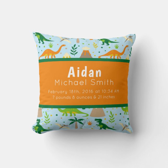 Dinosaur Birth Stats Blue Green Orange Pillow (Front)