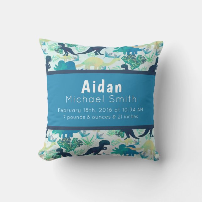 Dinosaur Birth Stats Navy Pillow Blue Teal (Front)