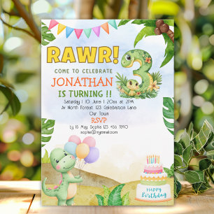 Dinosaur Birthday 3 for Boys Rawr Dino party Invitation