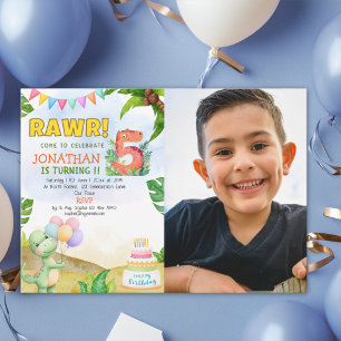 Dinosaur Birthday 5th with Photo   Rawr Dino Party Invitation