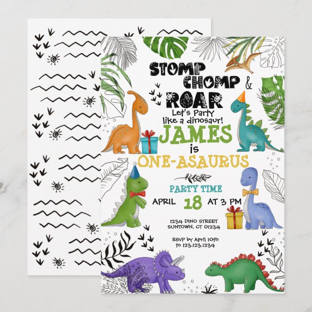 Dinosaur Birthday Boy Girl watercolor colourful  Invitation (Front/Back)