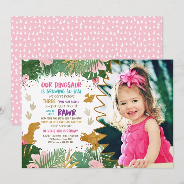 Dinosaur Birthday Girl Gold Pink Leave Dino Invite (Front/Back)