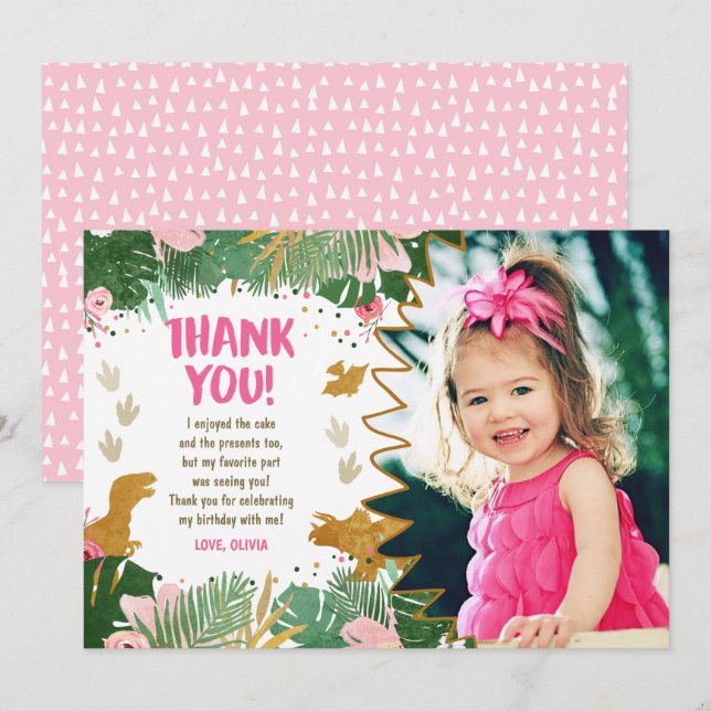 Dinosaur Birthday Girl Gold Pink Leave Thank You Invitation (Front/Back)