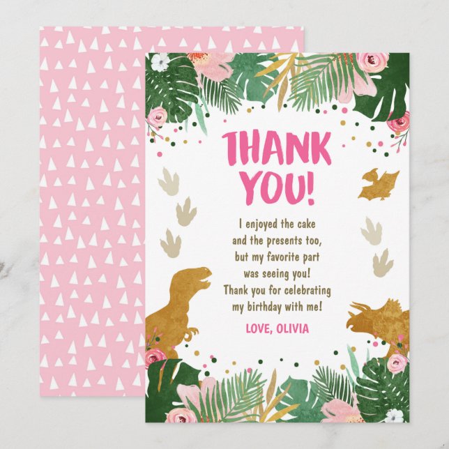 Dinosaur Birthday Girl Gold Pink Leave Thank You Invitation (Front/Back)