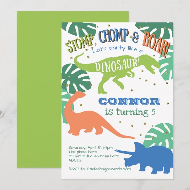 Dinosaur Birthday, Green, Blue, Boy Birthday Invitation (Front/Back)