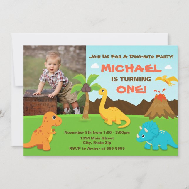 Dinosaur Birthday Invitation 1st Birthday Party (Front)