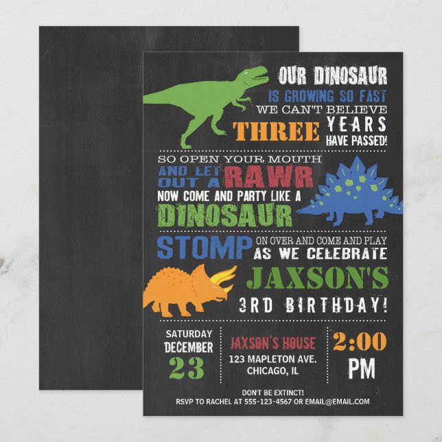 Dinosaur birthday invitation boy chalkboard rawr (Front/Back)