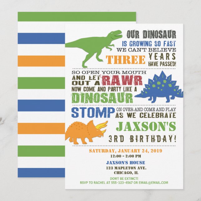 Dinosaur birthday invitation boy green blue orange (Front/Back)