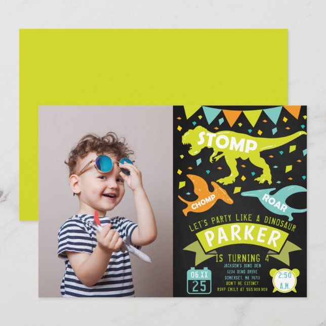 Dinosaur Birthday Invitation Chalkboard Photo (Front/Back)