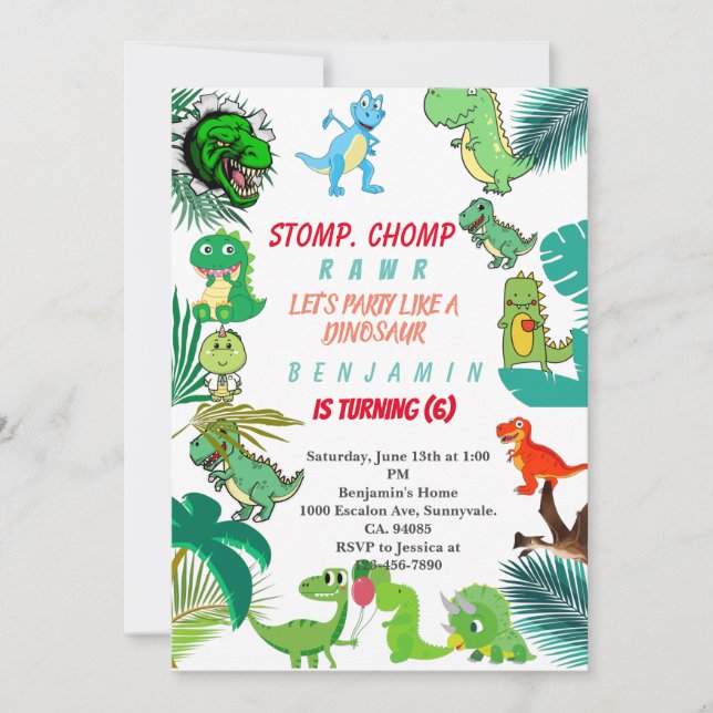 Dinosaur Birthday Invitation Cute Dino party  (Front)