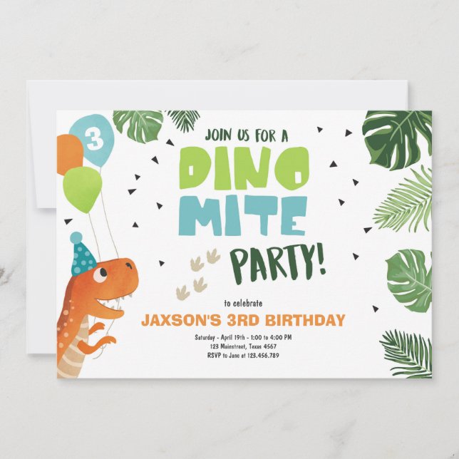 Dinosaur birthday invitation Dino mite T-Rex party (Front)